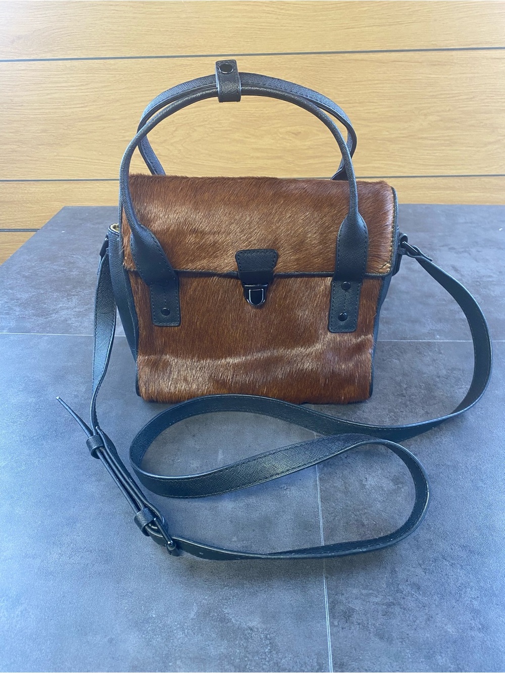 Ill Beca by Joy Grayson Black &‎ Brown hair on cowhide Crossbody Satchel